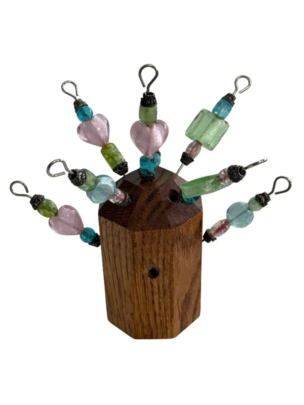 Signed R.S. Hughes Artisan Glass Beaded Cocktail Picks with Wood Stand Set of 8